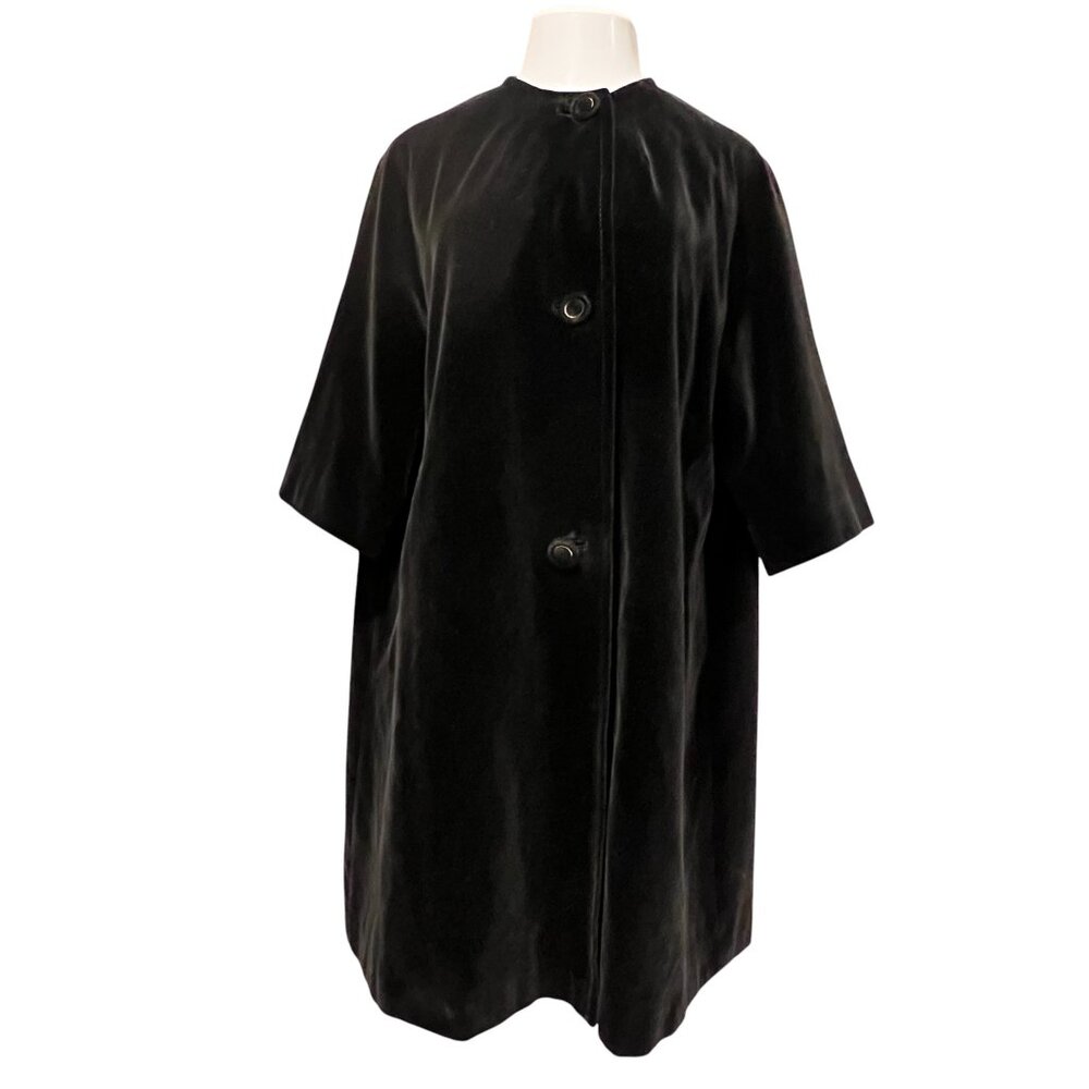 Vintage Black Collarless A-Line Coat, Raglan 3/4 Sleeves, Pockets, 12